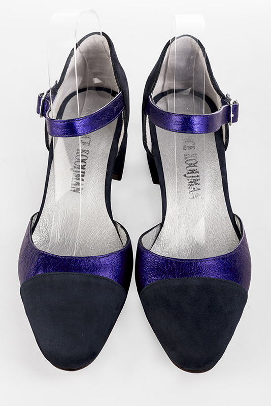 Matt black and violet purple women's open side shoes, with an instep strap. Round toe. Low flare heels. Top view - Florence KOOIJMAN